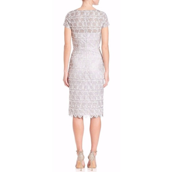 David Meister Lace Overlay Sheath Cocktail Dress in Metallic Silver Geo, Size 6 - Picture 11 of 14